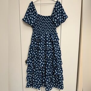 Dillards Midnight Doll Blue and White Floral Tiered Dress Size Large